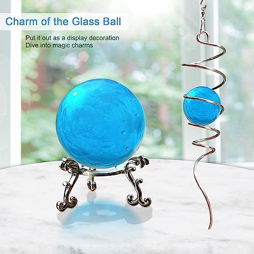 Gazing Ball Spiral Tail with 11inch Tail and 2inch Blue Glass Orb, Wind Spinner Stabilizer with Swivel Hook. Sun Catcher Rainbow Maker Hanging Decor for Garden Home Indoor Outdoor 13" H - Image 2
