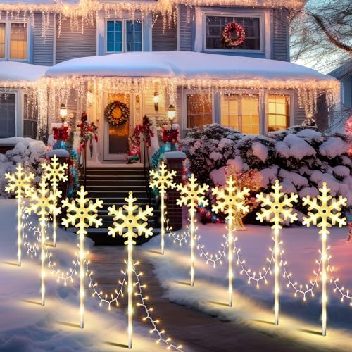 10 Pcs Christmas Snowflake Pathway Stake Lights for Outdoor Yard, 370 Bright LEDs Waterproof Large Christmas Snowflake Light Decoration for Garden Lawn Driveway Walkway Decor (Warm White) - Image 6