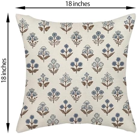 Blue Brown Pillow Covers 18x18 Inch 2 Pcs Block Print Vintage Floral Decor Throw Pillows Boho Flower Spring Summer Outdoor Seasonal Decoration Pillowcase Linen Cushion Cover for Couch Sofa - Image 6