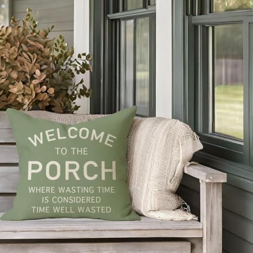 PANDICORN Throw Pillow Covers 18x18 Inch Welcome to the Porch, Sage Green - Image 2