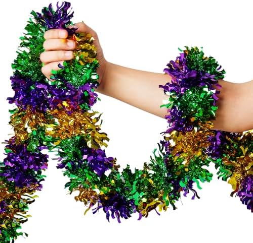 Mardi Gras Garland Decorations,50Ft Glitter Tinsel Garland Decor for Tree Mantle Bedroom Office Classroom Party Indoor Outdoor Holiday Home Green Gold Purple by brand