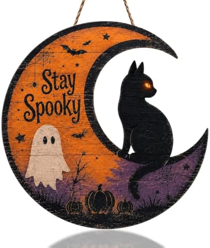 Halloween Door Sign Wooden Hanging Plaque Cat Moon Front Door Porch Decor by Unknown