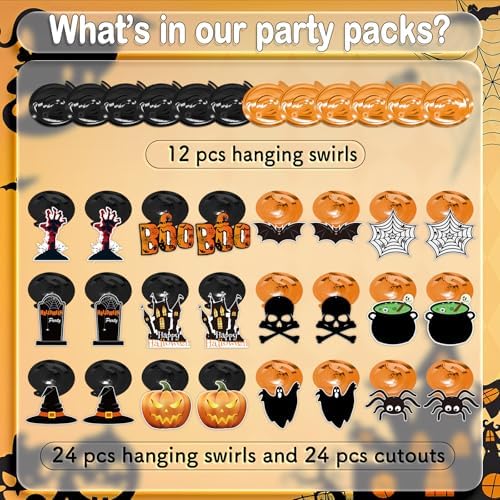 PartyGarden Halloween Hanging Swirl Decorations - 36 Pcs Hanging Spooky Ceiling Decor with Ghost, Pumpkin, Skull for Home, Office, Party - Image 5
