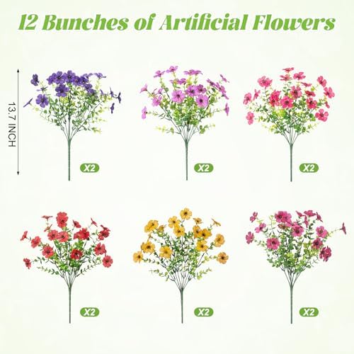 Ammyoo Artificial Flowers for Outdoors Spring Decoration, 12 Bundles Fake Flower Daisy with Realistic Eucalyptus Leaves, Faux Plants for Greenery Boxwood Porch Patio Garden Pot Lawn - Image 5