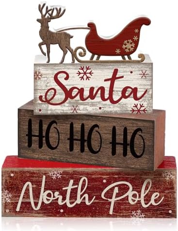 Moucuny 4 Pcs Christmas Wooden Block Signs Santa Reindeer Farmhouse Decor by Moucuny