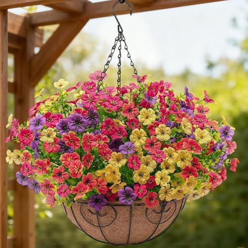 Artificial Faux Hanging Flowers Plants Basket for Outdoors Outside Spring Summer Decoration,Hanging Planters with Silk Fake Flowers Realistic UV Resistant Balcony Porch Garden Patio Home(4 Multicolor) by Digtecno
