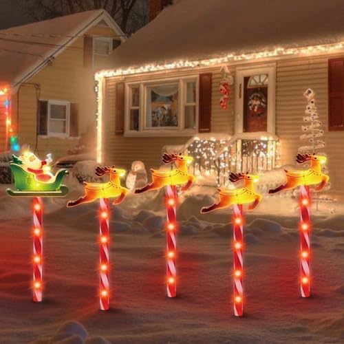 LAMPHOME Christmas Pathway Lights Outdoor, 5PCS Santa Sleigh Markers Christmas Decorations Outdoor Yard, Pathway Marker Stake Lights for Patio Ground Path Sidewalk Walkway Driveway by ULL