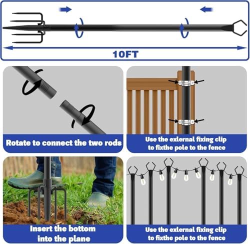 10 Pack 10 ft Heavy Duty Metal String Light Poles Adjustable Outdoor Lighting Stand for Patio,Backyard,Garden,Party & Wedding Rustproof & Sturdy with Hooks - Image 7