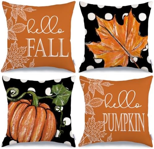 GEEORY Fall Decorative Throw Pillow Covers 18 x 18 Inch Set of 4, Hello Pumpkin Maple Leaves Fall Decor Outdoor Farmhouse Pillow Cases for Home Couch (Orange Color) G339-18 by GEEORY