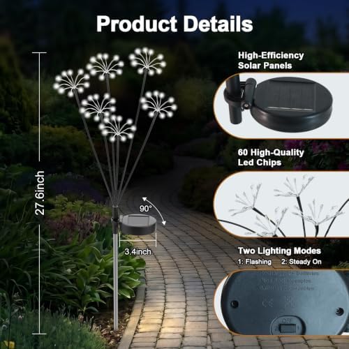Solar Garden Lights Outdoor, 2 Pack New Upgraded Solar Swaying Starburst Light, Waterproof Fireworks Solar Lights for Yard Patio Pathway Decoration, White - Image 6