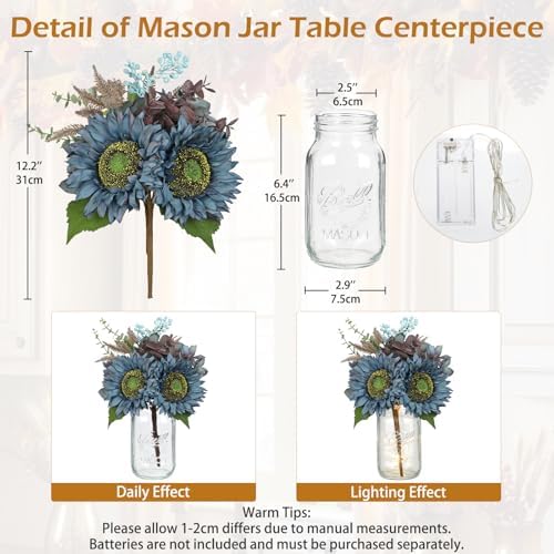 Silk Sunflowers Artificial Flowers with Mason Jar Centerpiece for Table Blue Fall Flowers in Vase Small Fall Floral Arrangement with Vase Thanksgiving Centerpiece for Dining Room Table Autumn Decor - Image 2