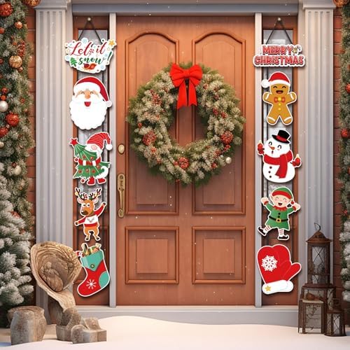 CroBlissful 2 Sets Christmas Porch Sign Santa Snowman Elf Door Banner - Image 5