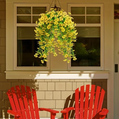LikSoor 4 Pcs Artificial Outdoor Hanging Plants Spring Summer Decoration UV Resistant Faux Silk Flowers for Outside, Garden, Porch, Window, Home Decor (Yellow) - Image 2