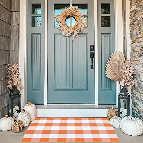 MUBIN Fall Decor Cotton Buffalo Plaid Rug, 27.5x43 Orange White Outdoor Rug Front Door Decorative Mat, Washable Halloween Doormat Foldable Area Rug Layered Door Mats Rug for Front Porch, Entryway - Image 4