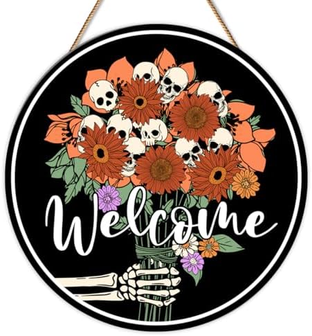 Halloween Welcome Sign Skull Flower Skeleton Gothic Spooky Halloween Door Decorations Wooden Hanger for Front Door Porch Wall Indoor Home Office Decor by Unknown