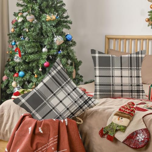 RABUSOFA Pillow Covers 20x20 Inch Indoor Outdoor Waterproof Set of 2 Buffalo Plaid Striped Holiday Decorative Cushion Cases for Home Patio Decor Decorations Couch Gray - Image 3