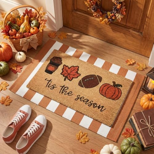 Honoson 2 Pcs Fall Football Doormat, Orange White Striped Coir Door Mat by Honoson