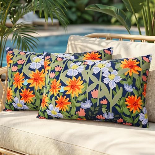 Pyonic Floral Outdoor Lumbar Pillows Covers 12x20 inch Waterproof Spring Summer Decor Outdoor Pillows for Patio Furnture Garden Bench Porch,Navy Blue by PyonicThrowPillowCovers