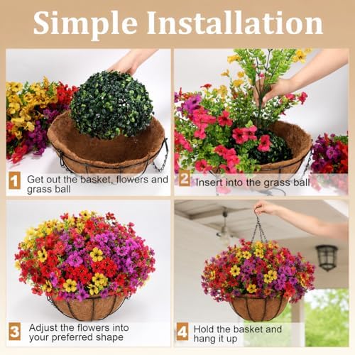 Artificial Hanging Basket, 12 Pcs Mixed Color Mums UV Resistant Outdoor - Image 5