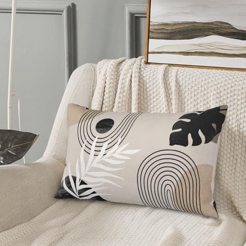 Boho Black Pillow Covers 12x20 Set of 2 Mid Century Beige Tropical Leaf Throw Pillow Covers Outdoor Decor Modern Abstract Decorative Pillow Cases Farmhouse Linen Cushion Case for Couch Sofa - Image 5
