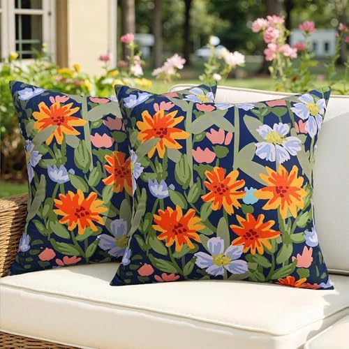 Pyonic Spring Summer Floral Outdoor Pillow Covers 18x18 inch Waterproof Throw Pillow Covers Outdoor Pillows for Patio Furniture Garden Bench Porch,Navy by PyonicThrowPillowCovers