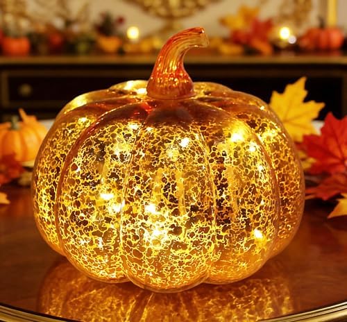 Fall Decorations for Home,Mercury Glass Pumpkin Lights with Timer(Gold) - Image 6