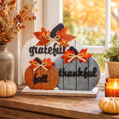 OLANRUN Fall Decor, Thanksgiving Fall Decorations for Home, 3Pcs Wooden Autumn Pumpkin Decor Sign, Farmhouse Thanksgiving Table Decorations Indoor for Office Living Room Bedroom Mantel Kitchen - Image 6