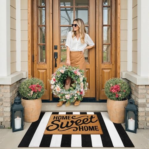 KIMODE Black and White Outdoor Rug Fall Front Door Mats Layered Porch Rug - Image 4