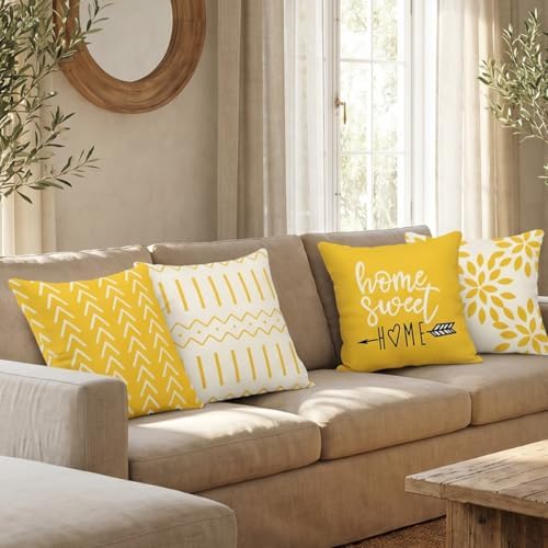 YCOLL Pillow Covers 20x20 Set of 4, Modern Sofa Throw Pillow Cover, Decorative Outdoor Linen Pillow Covers Set of 4 for Couch Sofa Bed and Car, Yellow - Image 4