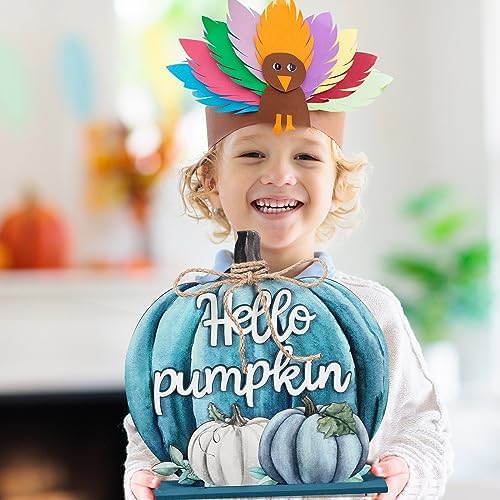 Soaoo Fall Decoration Wooden Blue Pumpkins Decor Fall Hello Pumpkin Sign - Image 5