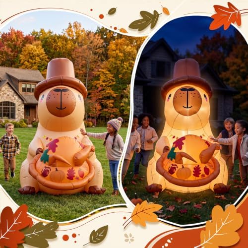 Soulchen 5FT Thanksgiving Inflatable Capybara Outdoor Decorations with Pilgrim Hat Maple Holding Turkey Built-in LED Lighted Blow up for Yard Garden Lawn Autumn Holiday Party Decor - Image 7