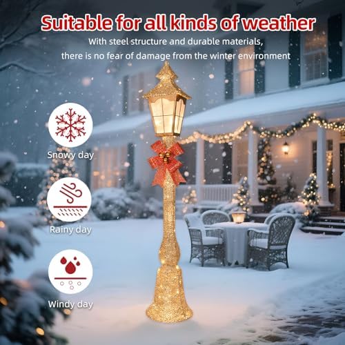 HOYECHI 5.2FT Christmas Decorations Outdoor Street Lamp, Lighted Streetlight with 55 Lights, Waterproof Yard Lawn Porch Patio Pathway, Xmas Holiday Garden Decor - Gold - Image 3