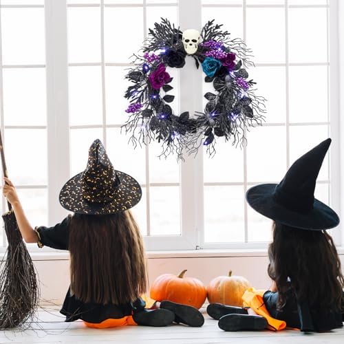 GarveeLife Halloween Skull Wreath for Front Door with Lights, 20 in Pre-Lit Black Purple Rose Spider, Gothic Garland Creepy Decor for Home Wall Porch Outdoor Indoor - Image 2