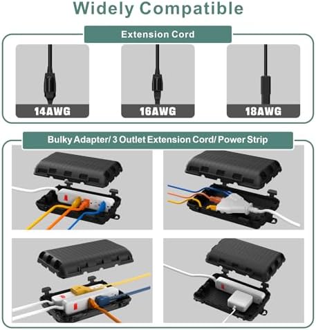 Outdoor Waterproof Electrical Box, 2 Pack Large Extension Cord Cover Protector Plug Connection Cable Safety Box IP54 Water-Resistant for Power Strip, Holiday Light and Decorations, Black - Image 3