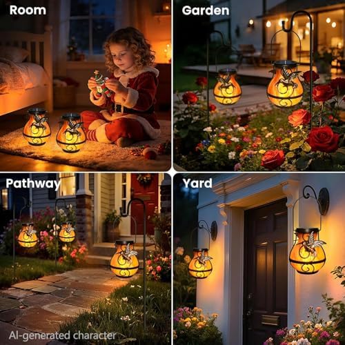 2 Pack Solar Lanterns Outdoor Waterproof Flickering Flame Light Hummingbird Hanging Solar Powered Lantern for Yard Patio Porch Outdoor Garden Decor，Gifts for Women and Moms - Image 6