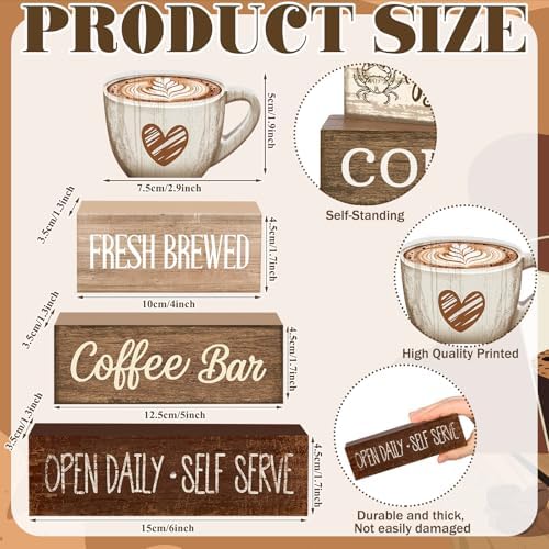 Moucuny 4 Pcs Farmhouse Coffee Bar Signs Decor Wooden Cafe Cup Signs - Image 3