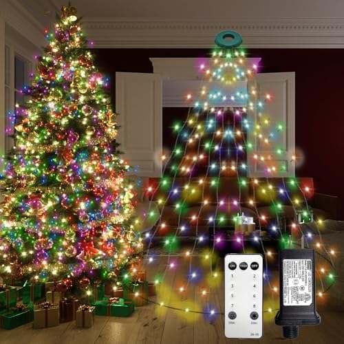 VIL Christmas Tree Lights with Ring,9.9Ft 16 Line 544 LED Green Wire Fairy Waterfall String Light Plug in,Dimmable Cascading Lights with 8 Lighting Modes for Indoor Outdoor Xmas Tree(Multicolor) by Unknown
