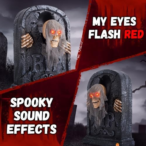 Halloween Animatronic Zombie Tombstone Animated Skeleton Decorations - Sensor Activated with Creepy Sound, Scary Move, Light Up Eyes, Haunted House Spooky Decor Horror Prop for Indoor/Outdoor, Yard - Image 4