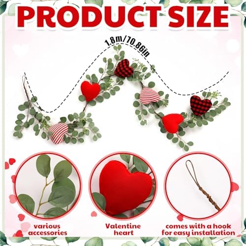 Zeyune 6ft Valentine's Day Decor Heart Long Garland for Mantel Artificial Eucalyptus Leaves and Fabric Hearts for Valentine Front Door Kitchen Fireplace Home Indoor Outdoor - Image 2