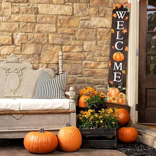 Fall Welcome Sign For Front Porch Fall Porch Sign Maple Leaf Pumpkin Sunflower Thanksgiving Decor Indoor Outdoor Autumn Wooden Vertical Sign For Patio Front Door Porch Wall Yard - Image 7