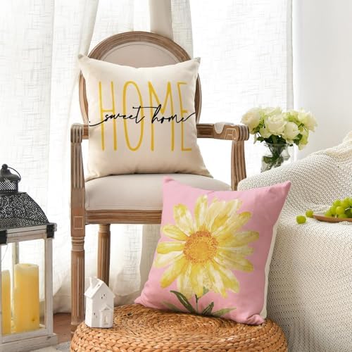 AVOIN colorlife Home Sweet Home Spring Summer Flowers Pink Throw Pillow Covers, 16 x 16 Inch White Cushion Case for Sofa Couch Set of 4 - Image 3