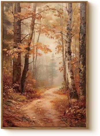 Autumn Forest Framed Canvas Wall Art 16x24 Trees Leaves Trail Artwork, Woodland Path in Fall Colors Landscape Print, Rustic Nature Forest Painting Farmhouse Bedroom Entryway Home Decor by WHASAYART
