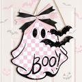 Huwena Halloween Door Signs, Pink Ghost Wooden Hanging Sign, 12" Cute Wall Decor, Spooky Ornament Bow Bat, Wall Hanger Decoration for Front Door Porch Indoor Outdoor Halloween Party Gothic Home Decor by Huwena