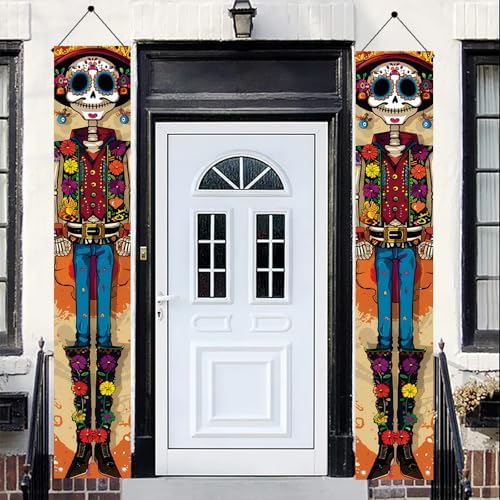 2PCS Day of the Dead Porch Banners 71x12 Inch Skeleton Couple Vertical Door Decorations, Colorful Dia de Los Muertos Halloween Hanging Signs for Front Porch Outdoor Party Decor - Image 4