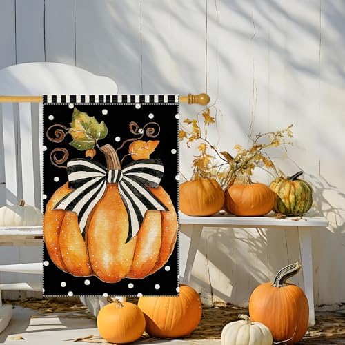 Fall Garden Flag Polka Dots Bowknot Pumpkin Garden Flags For Outside Burlap Decor, Thanksgiving 28X40 Inch Double Sided Vertical Autumn Decor Patio Lawn Yard Outdoor Decoration - Image 2