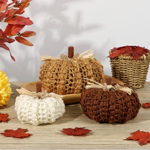 Briful Large Handmade Knitted Pumpkins Set of 3 – Cozy Autumn Fall Décor, Christmas Decorations, Thanksgiving Gifts, Caramel, Brown & Cream – 8in/6 1/4in/5 1/2in - Image 2