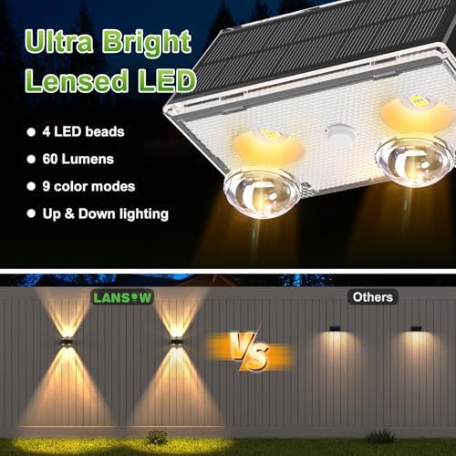 LANSOW Solar Fence Lights Outdoor, 12 Pack Solar Powered Lights Waterproof, 9 Modes Warm/Cool White RGB Up-Down Led Spot Wall Lights Dusk to Dawn Decor for Backyard, Deck, Patio, Pool, Railing(Black) - Image 4