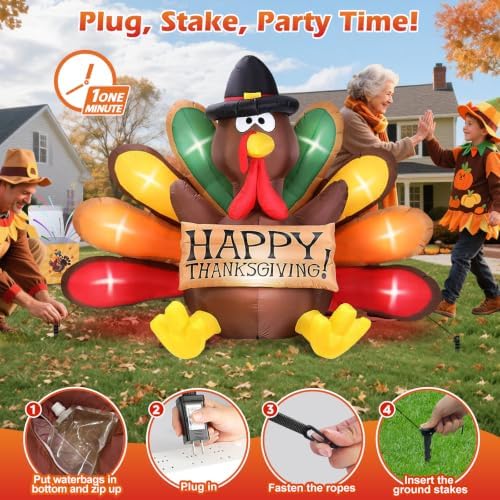 6FT Thanksgiving Inflatables Turkey Decor with Pilgrim Hat & Colorful Tail - Image 5