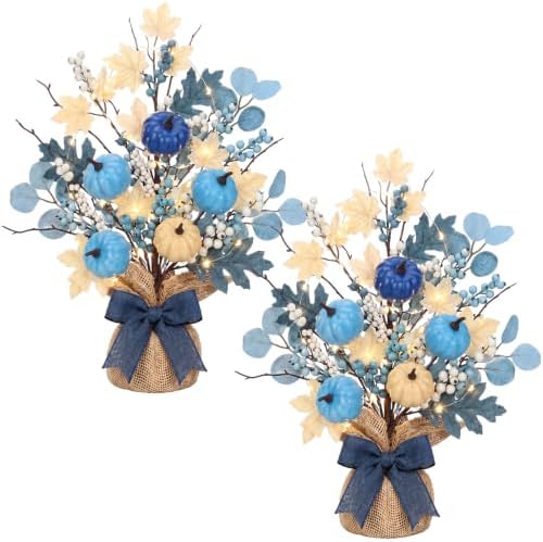 Yinder 2 Pack Lighted Fall Tree 18" Blue White Fall Thanksgiving Decor with LED Lights Battery Operated Artificial Eucalyptus Pumpkins Autumn Centerpiece for Harvest Halloween Fireplace Home Decor by Yinder