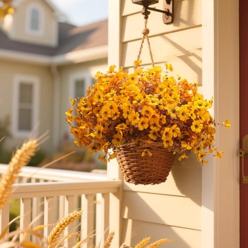Grunyia 16 Bundles Artificial Fall Mums Outdoor UV Resistant, Fake Silk Plants No Fade Faux Greenery for Garden Porch Patio - Autumn Thanksgiving Christmas Home Decor (Fall Yellow) - Image 6